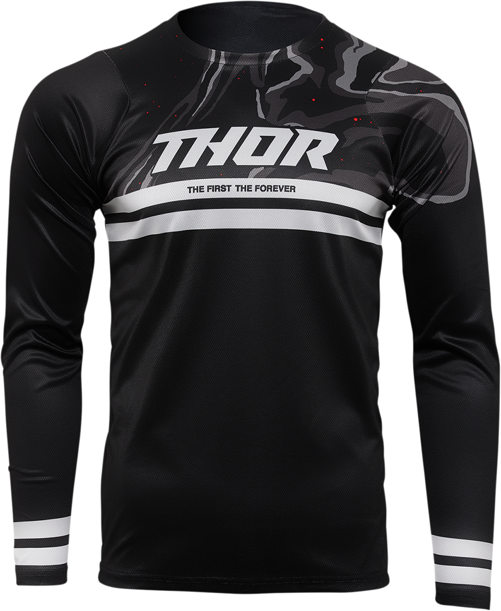 Black THOR Assist Banger long-sleeve jersey in XL, featuring a durable fabric and logo design, ideal for motocross riding.