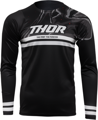 Black THOR Assist Banger long-sleeve jersey in XL, featuring a durable fabric and logo design, ideal for motocross riding.