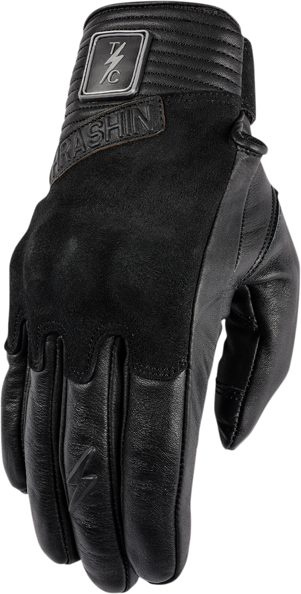 Black THRASHIN SUPPLY CO. boxer gloves made of durable cowhide leather with impact protection, size small.