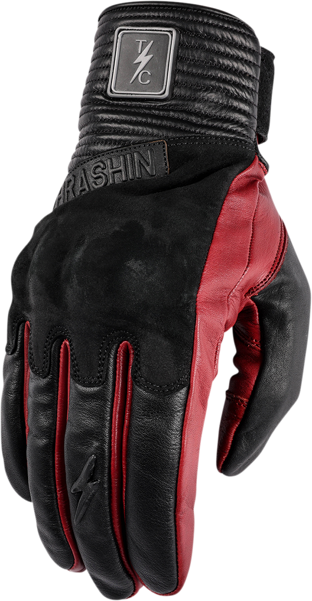 Red THRASHIN SUPPLY CO. boxer gloves TBG-02-10 in large size, showing padded boxing glove design on a white background.