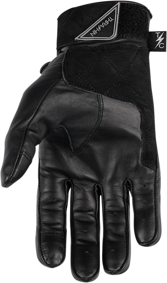 Black THRASHIN SUPPLY CO. boxer gloves made of durable cowhide leather with impact protection, small size.