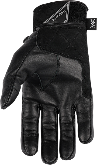 Black THRASHIN SUPPLY CO. boxer gloves made of durable cowhide leather with impact protection, small size.