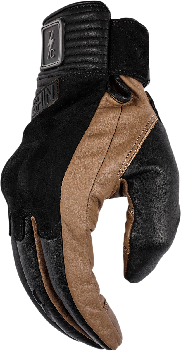 Tan boxer gloves by THRASHIN SUPPLY CO. in small size, featuring padded palms and adjustable wrist straps for boxing training.