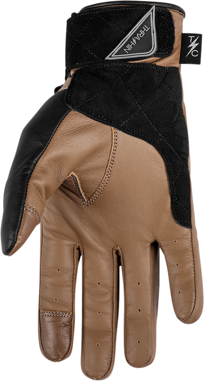 Tan THRASHIN SUPPLY CO. boxer gloves in small size with black wrist straps, designed for boxing training.