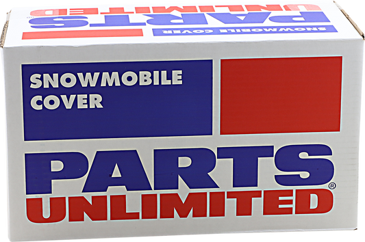 Black Parts Unlimited XL universal snowmobile cover draped over a snowmobile for protection against weather.