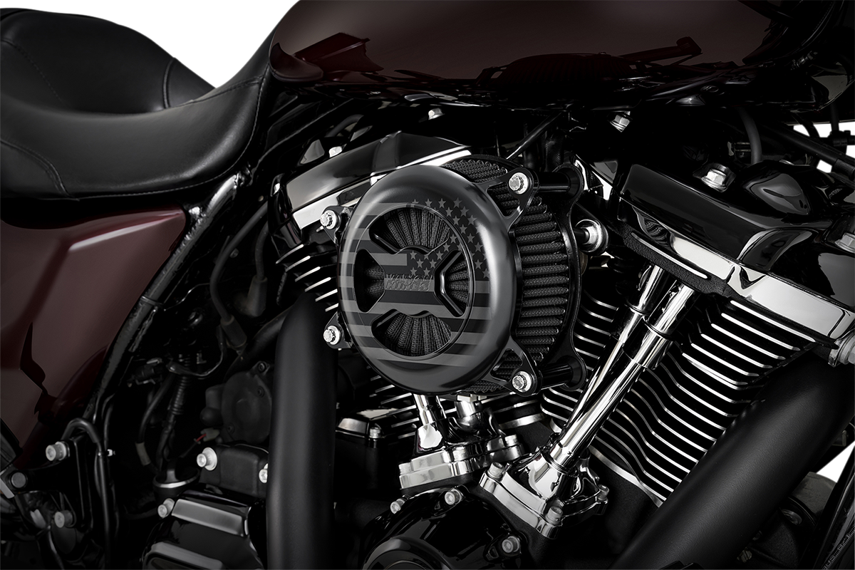 VANCE & HINES VO2 America Air Cleaner in Freedom Black for motorcycle, featuring a sleek black design and Vance & Hines branding.