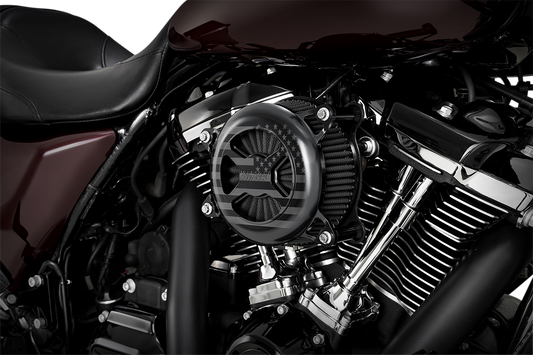 VANCE & HINES VO2 America Air Cleaner in Freedom Black for motorcycle, featuring a sleek black design and Vance & Hines branding.