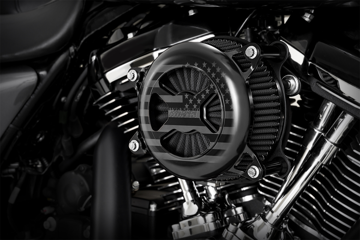Vance & Hines VO2 America Air Cleaner in Freedom Black with sleek black finish and branded logo for motorcycle exhaust enhancement