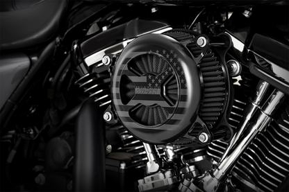 Vance & Hines VO2 America Air Cleaner in Freedom Black with sleek black finish and branded logo for motorcycle exhaust enhancement
