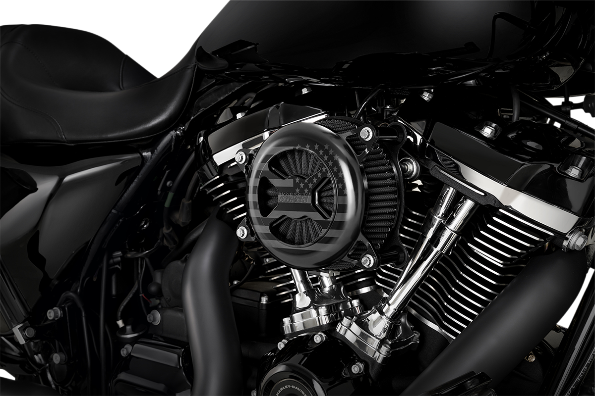 Vance & Hines VO2 America Air Cleaner in Freedom Black with sleek black finish and Vance & Hines branding for motorcycle air intake.