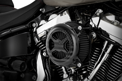 Vance & Hines VO2 America Air Cleaner in Freedom Black mounted on motorcycle engine for enhanced airflow and performance.