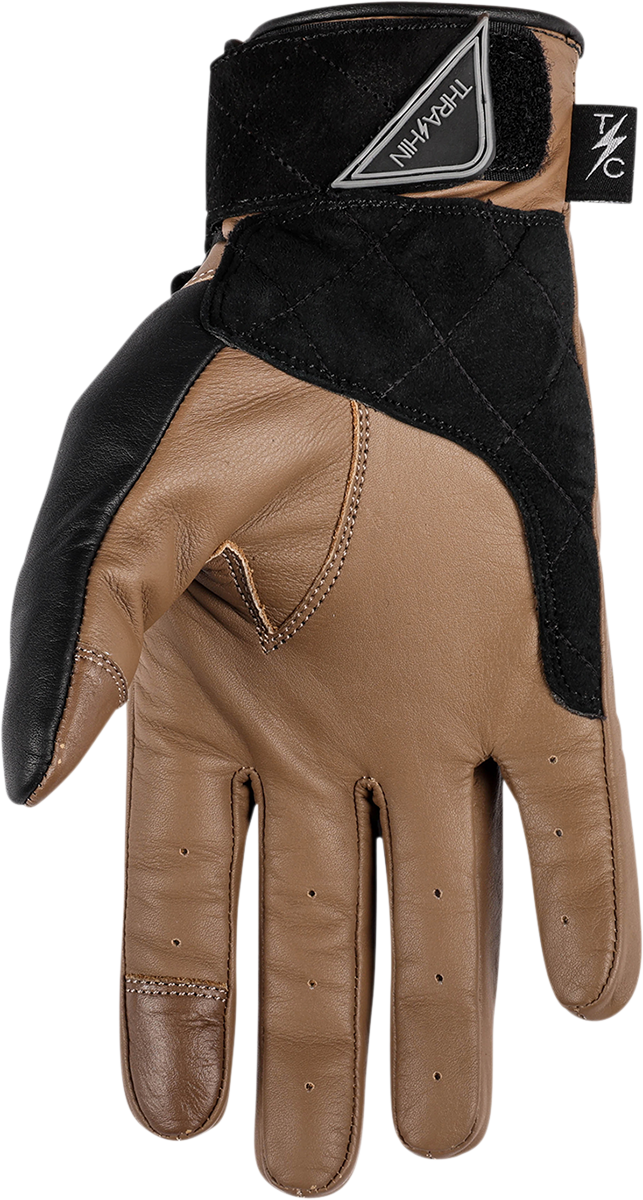 Tan boxer gloves by THRASHIN SUPPLY CO. in size medium, featuring padded palms and adjustable wrist straps for boxing training.