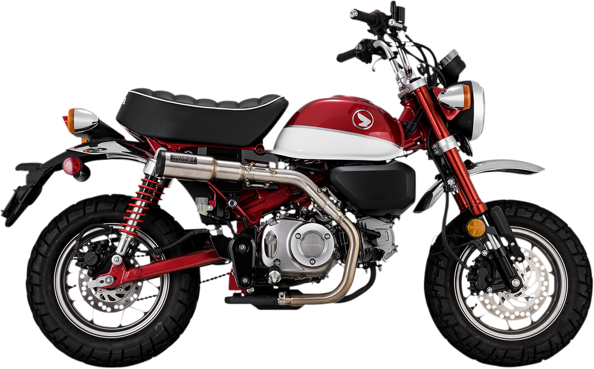 Stainless steel Vance & Hines muffler for Harley-Davidson Monkey motorcycle, showing the polished cylindrical design and mounting details.