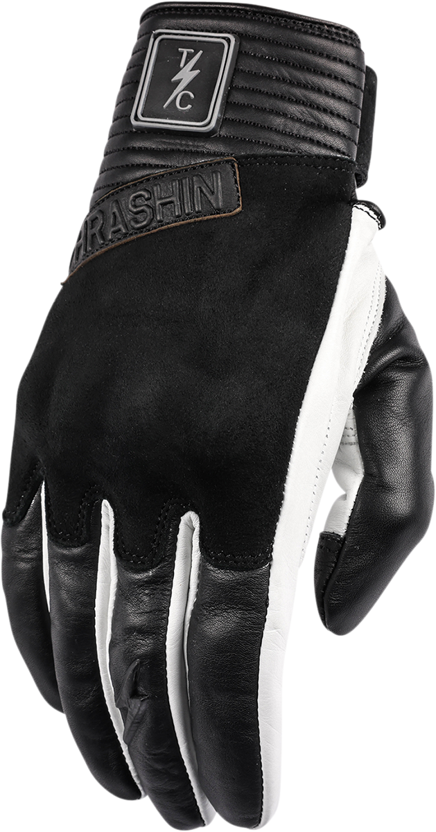 White THRASHIN SUPPLY CO. boxer gloves in XL size with padded design for boxing training and fitness workouts.