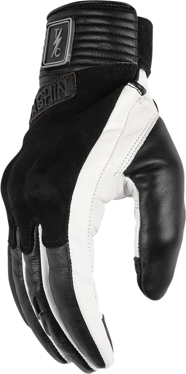 White Thrasin Supply Co. boxer gloves in XL size, showing padded finger and wrist support for boxing training.