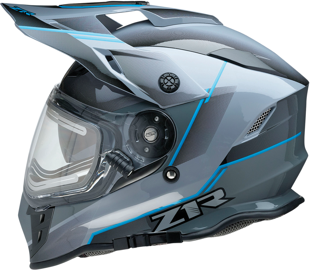 Z1R Range Snow Helmet Bladestorm Electric in gray, black, and blue, small size with dual-pane visor for winter sports.