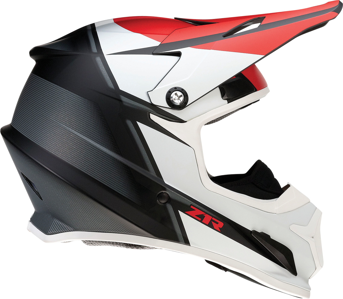 Z1R Rise snow helmet in Cambio Red, Black, and White with XL size, featuring a sleek, aerodynamic design and secure chin strap.