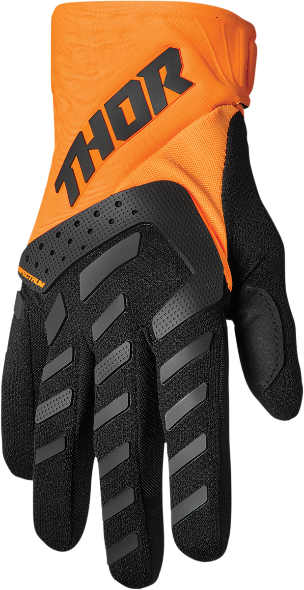 THOR Youth Spectrum gloves in orange and black, large size, featuring protective padding and adjustable straps for motocross riding.