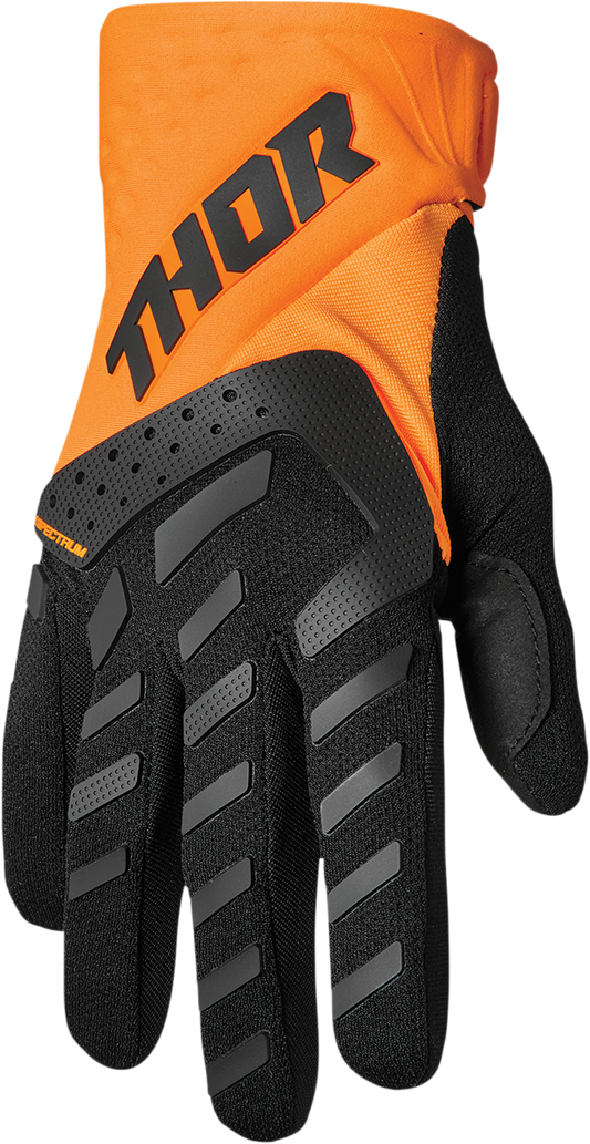 THOR Youth Spectrum gloves in orange and black, large size, showing padded knuckles and adjustable wrist strap for motocross riding.