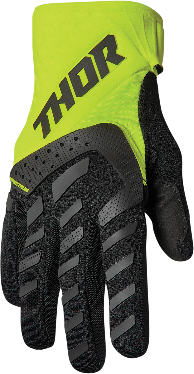 Black and acid-colored THOR youth Spectrum motorcycle gloves with durable, flexible design for kids, shown in the image.