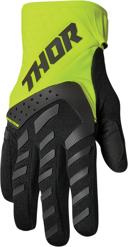 Black and acid-colored THOR youth Spectrum motorcycle gloves with durable, flexible design for kids, shown in the image.