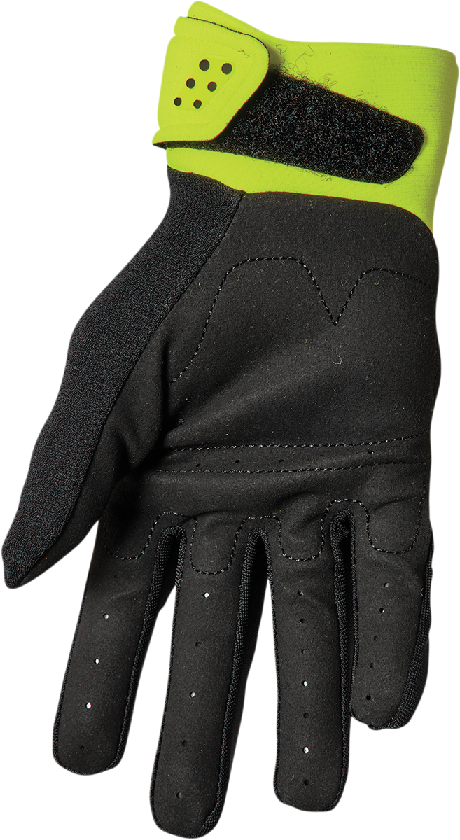 Black and acid-colored THOR Youth Spectrum motorcycle gloves for kids, showing flexible, durable protective gear.