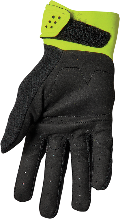 Black and acid-colored THOR Youth Spectrum motorcycle gloves for kids, showing flexible, durable protective gear.
