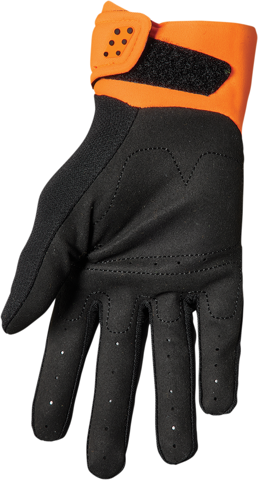 Orange and black THOR youth Spectrum gloves in small size with protective padding, designed for motocross riding.