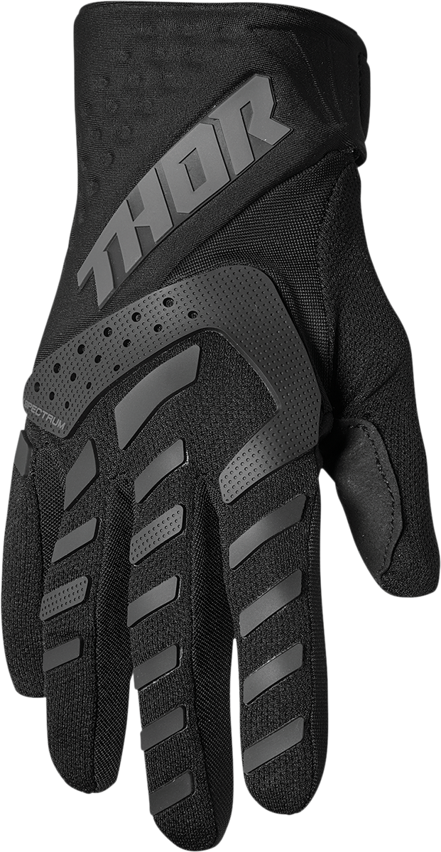 Black THOR Youth Spectrum Gloves in size XS, showing the durable riding gloves with padded palms and adjustable wrist strap.