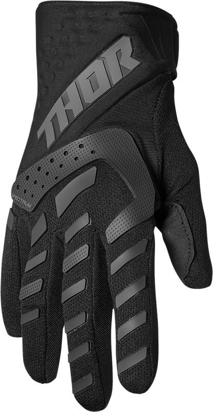 Black THOR Youth Spectrum Gloves in size XS, showing the durable riding gloves with padded palms and adjustable wrist strap.