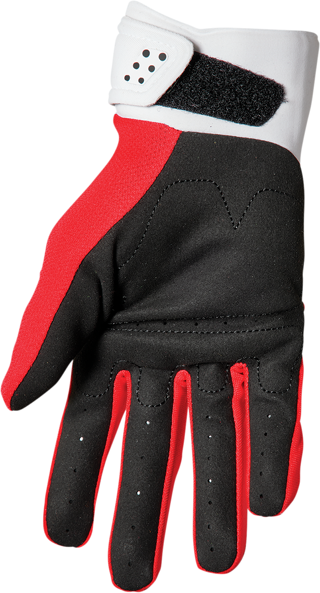 Red and white THOR Youth Spectrum Gloves in size XS, featuring durable construction and vibrant color design.