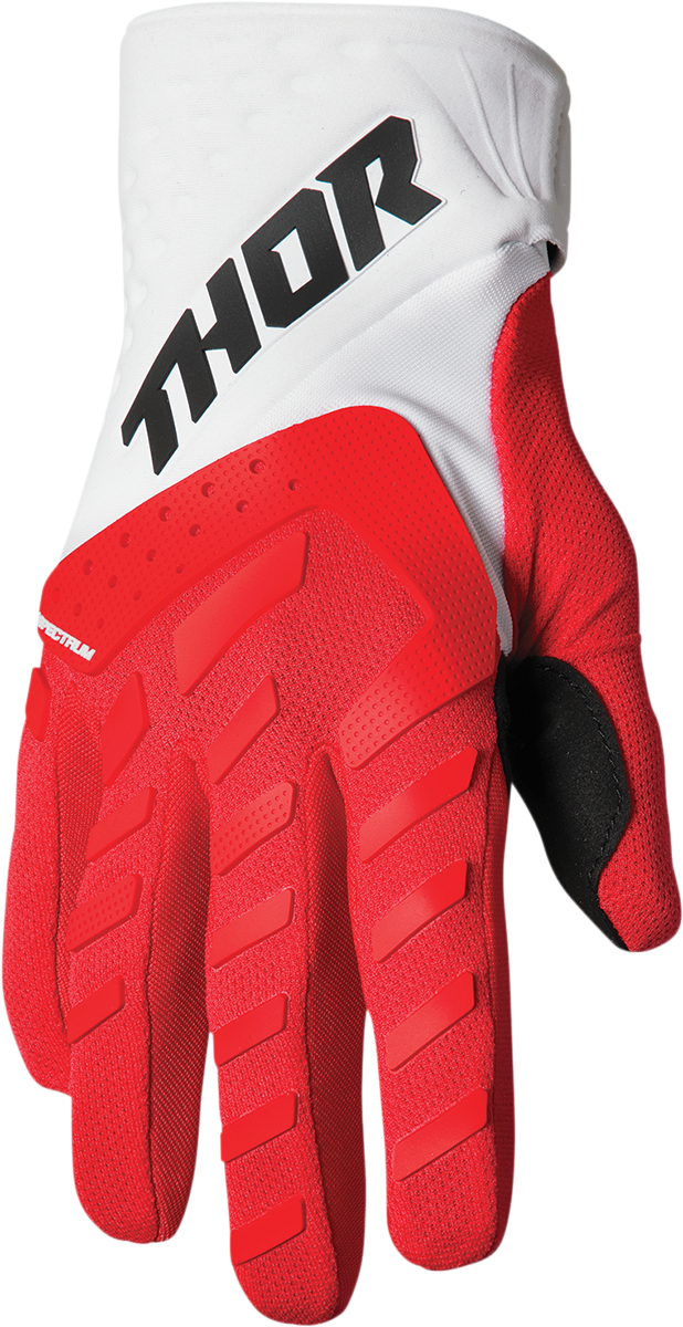 Red and white THOR youth Spectrum gloves in size XS, featuring protective padding and durable construction for motocross riding.