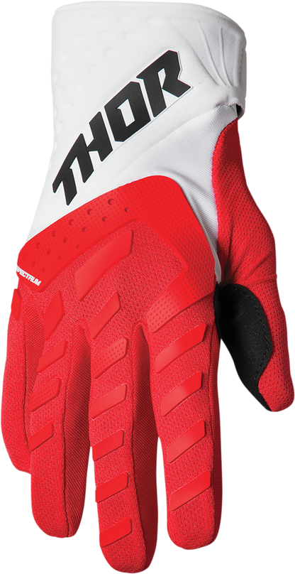 Red and white THOR youth Spectrum gloves in size XS, featuring protective padding and durable construction for motocross riding.