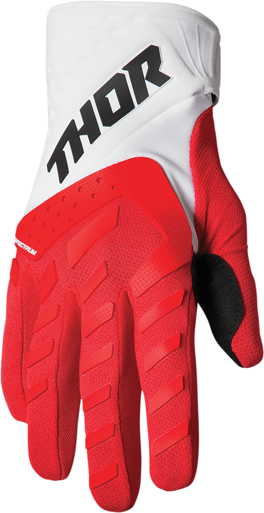 Red and white THOR youth Spectrum gloves in size XS, featuring protective padding and durable construction for motocross riding.