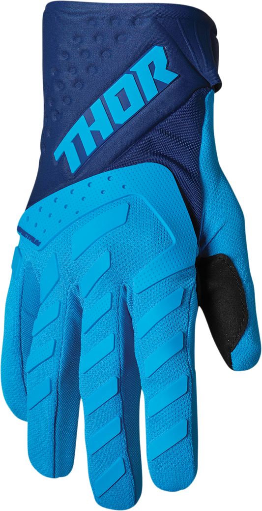 Blue and navy THOR Youth Spectrum Gloves in large size, featuring reinforced palms and adjustable wrist closures.