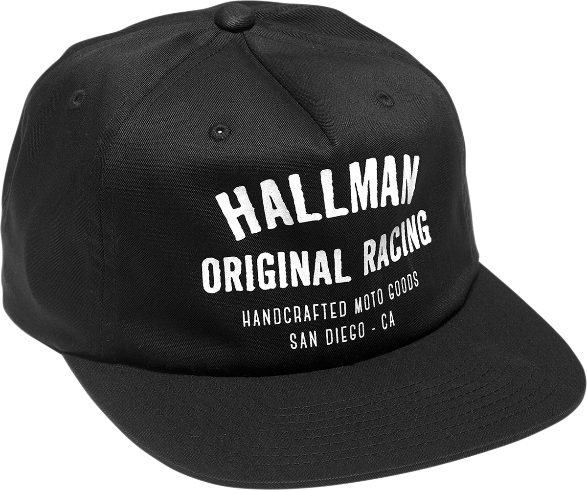 Black THOR Hallman Tried & True motorcycle hat with logo embroidery, featuring a classic design and adjustable strap.