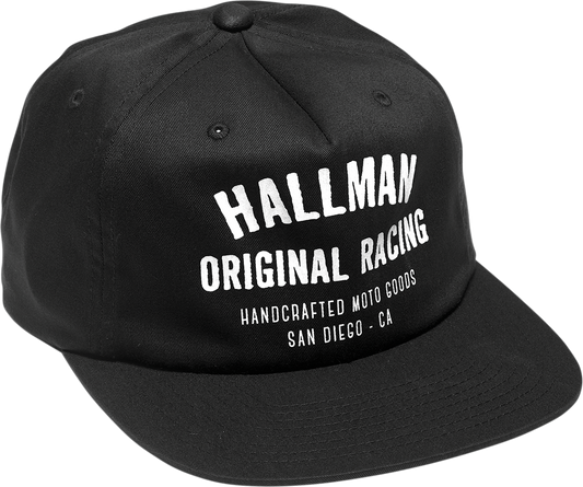 Black THOR Hallman Tried & True motorcycle hat with logo embroidery, featuring a classic design and adjustable strap.