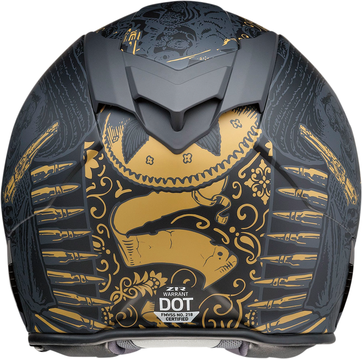 Z1R Warrant helmet in black and gold with injection-molded polycarbonate shell and drop-down sun visor, large size.