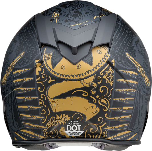 Z1R Warrant helmet in black and gold with injection-molded polycarbonate shell and drop-down sun visor, large size.