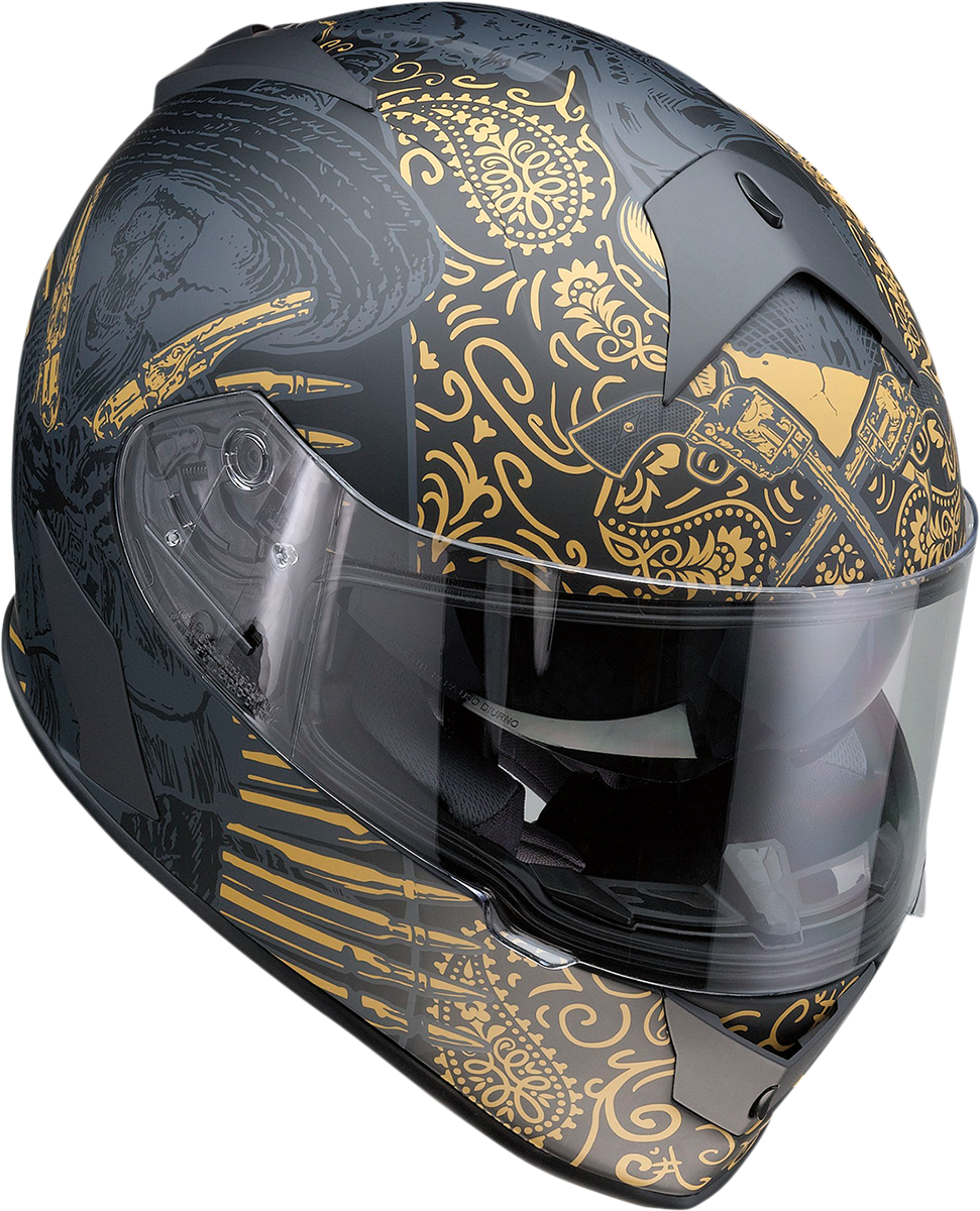 Z1R Warrant helmet in black and gold with injection-molded polycarbonate shell and drop-down sun visor, large size.