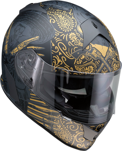 Z1R Warrant helmet in black and gold with injection-molded polycarbonate shell and drop-down sun visor, large size.