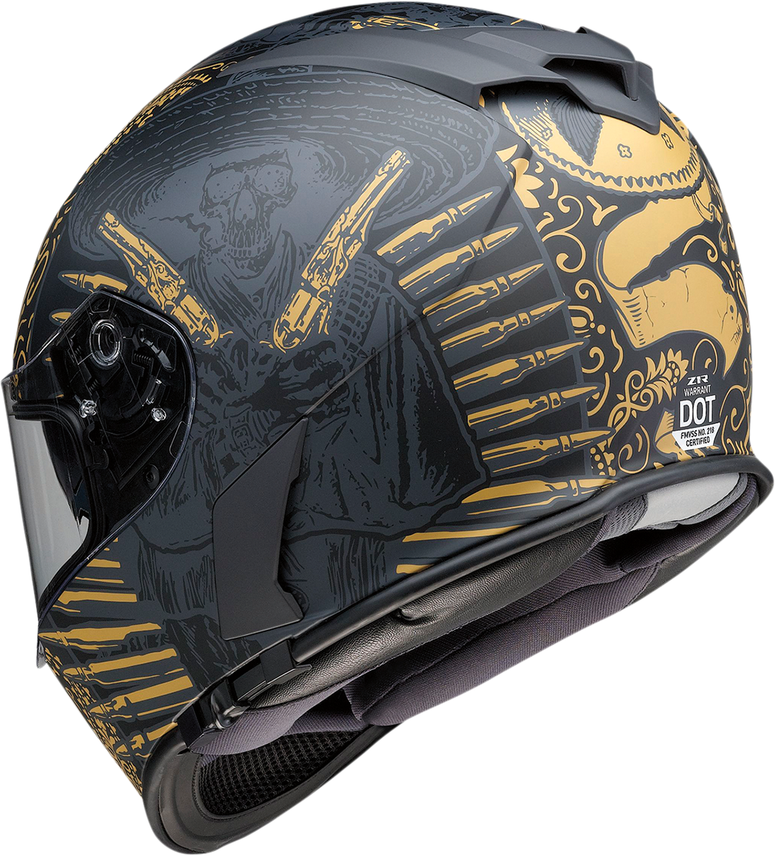 Z1R Warrant helmet in black and gold with injection-molded polycarbonate shell and drop-down sun visor, large size.