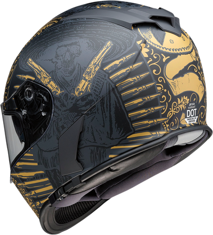 Z1R Warrant helmet in black and gold with injection-molded polycarbonate shell and drop-down sun visor, large size.