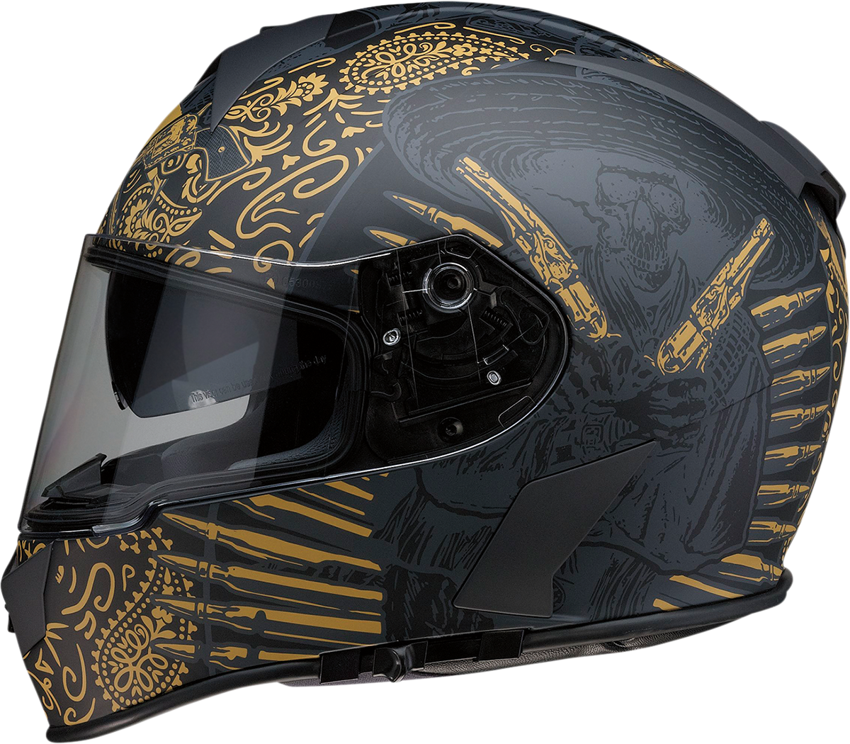 Z1R Warrant helmet in black and gold with injection-molded polycarbonate shell and drop-down sun visor, large size.