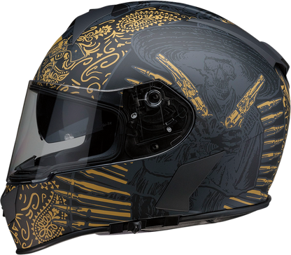 Z1R Warrant helmet in black and gold with injection-molded polycarbonate shell and drop-down sun visor, large size.