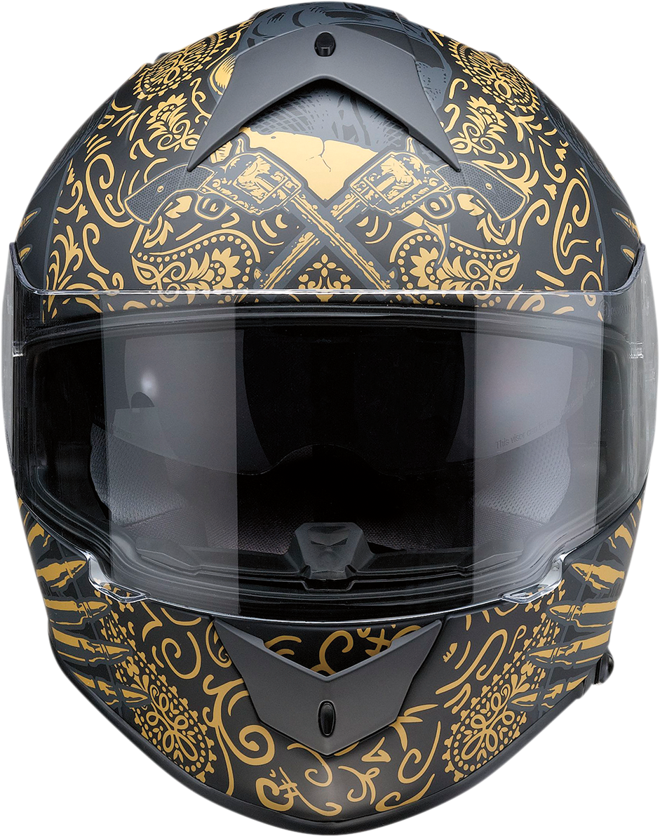 Z1R Warrant helmet in black and gold with injection-molded polycarbonate shell and drop-down sun visor, large size.