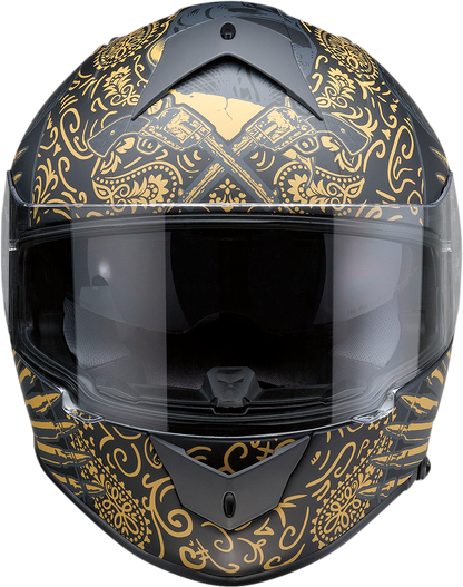 Z1R Warrant helmet in black and gold with injection-molded polycarbonate shell and drop-down sun visor, large size.