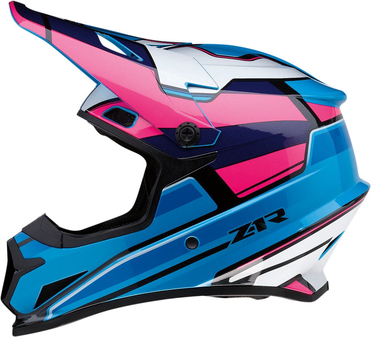 Z1R Rise motorcycle helmet in pink and blue, 4XL size, featuring a sleek design and full face coverage.