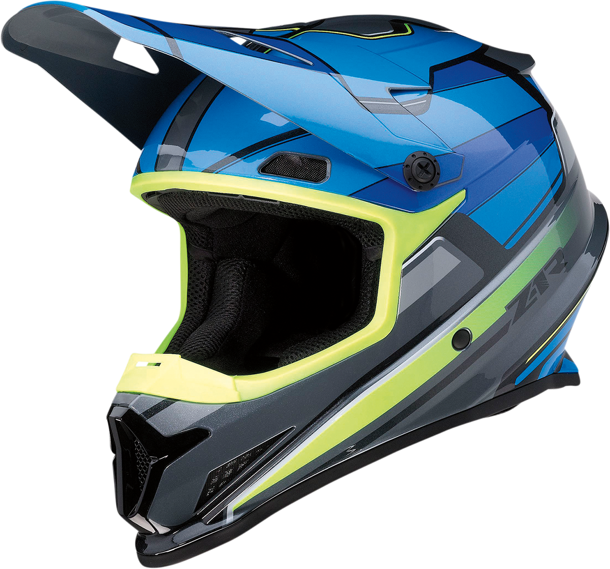Z1R Rise motorcycle helmet in blue and Hi-Viz with large size, featuring a sleek aerodynamic design and secure strap system.