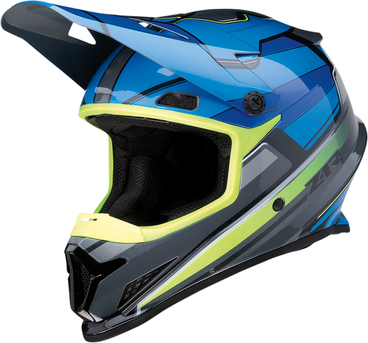 Z1R Rise motorcycle helmet in blue and Hi-Viz with large size, featuring a sleek aerodynamic design and secure strap system.